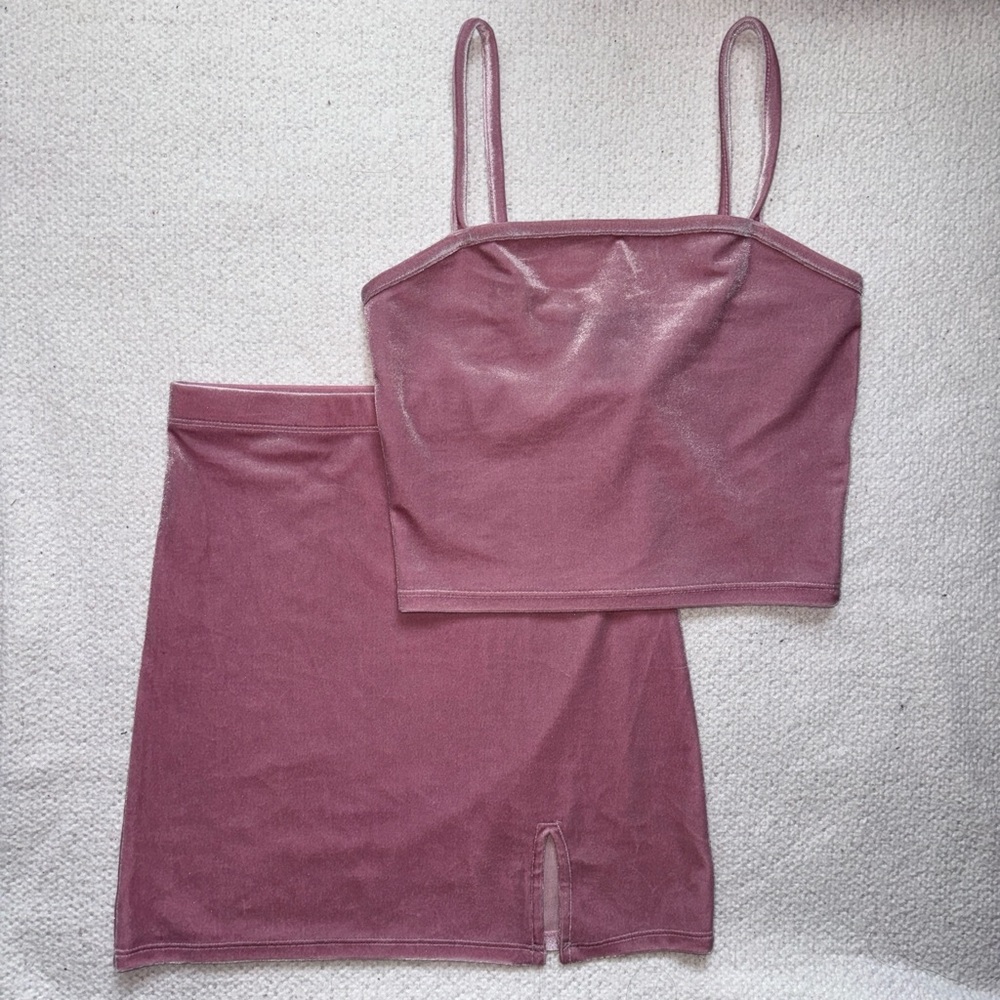 Pink Velvet Crop Top & Mini Skirt Matching Set